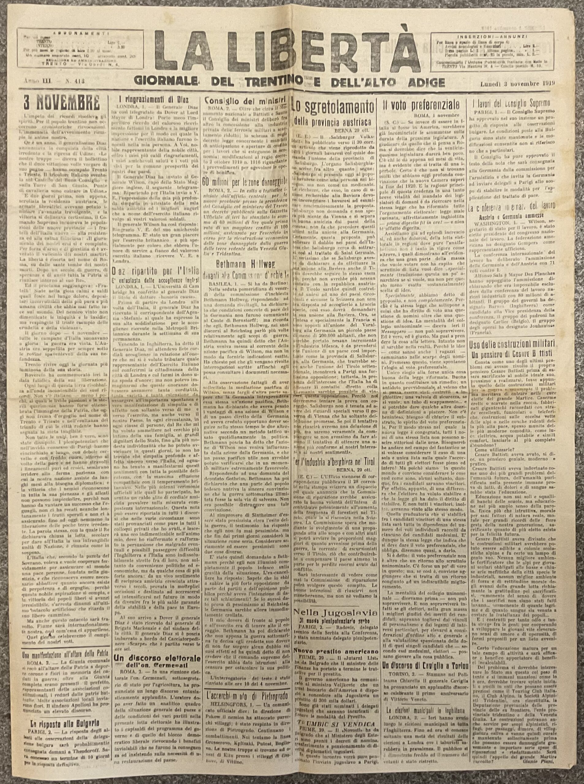 La Libertà. Giornale del Trentino e dell’Alto Adige. Anno III - N. 413 - Lunedi 3 novembre 1919